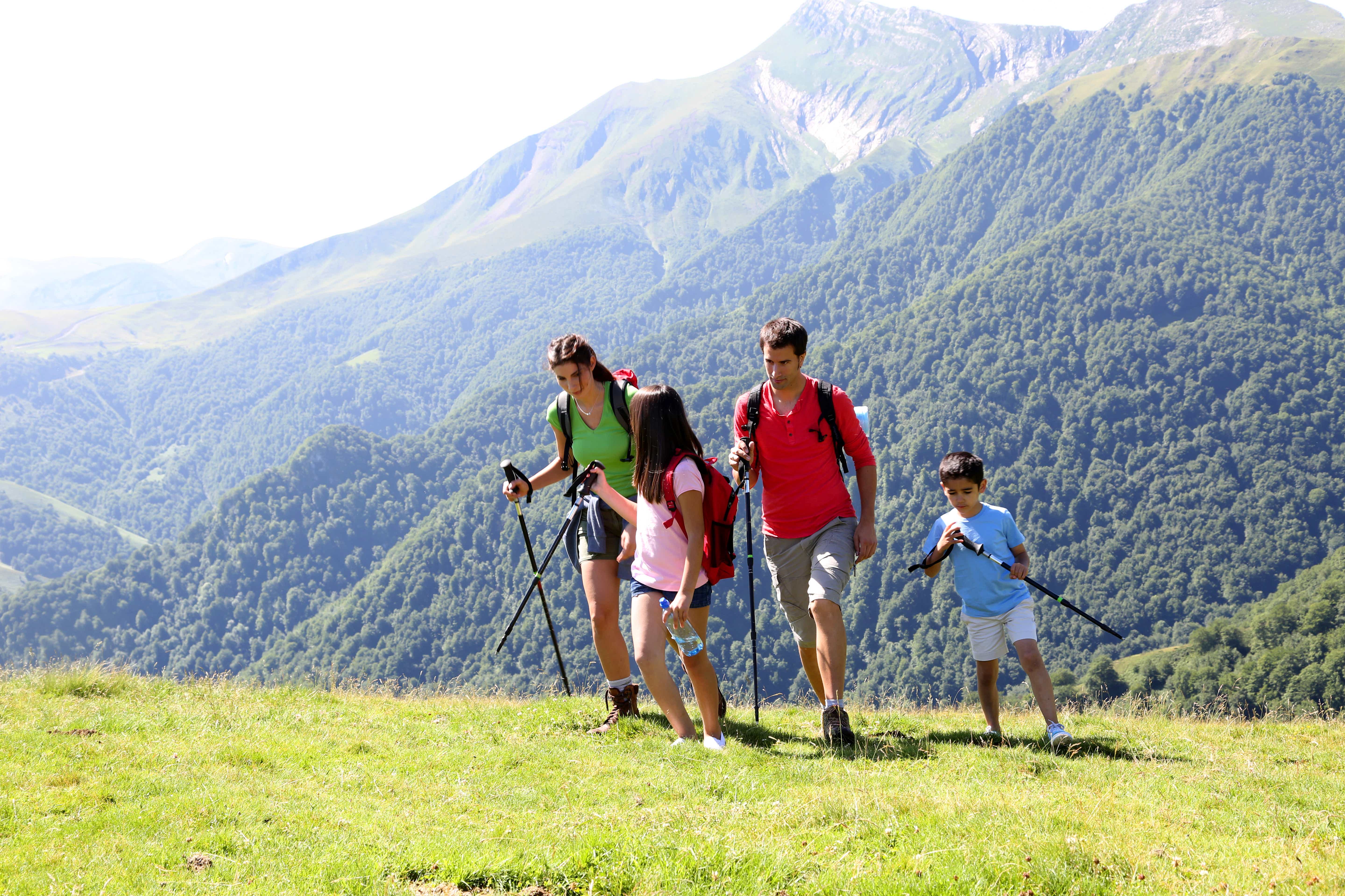 Eine Familie wandert gemeinsam mit Trekkingstöcken durch die beeindruckende Landschaft der österreichischen Alpen.